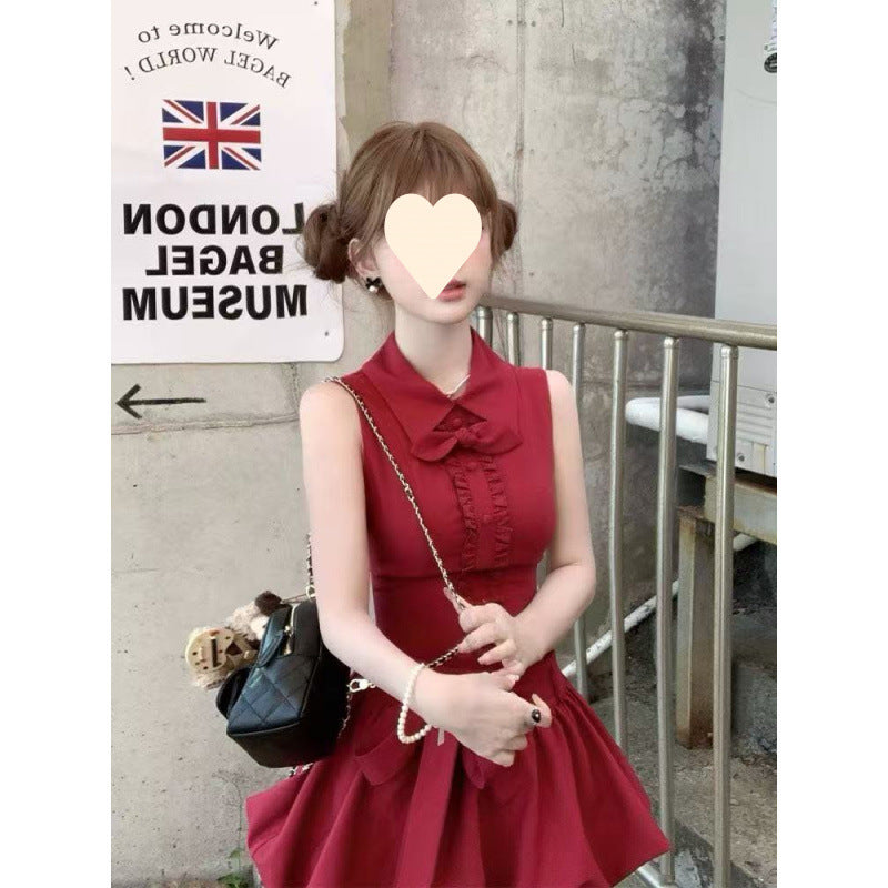 French small man, sweet temperament, high-end cherries, red rabbit ears, shirt collar, lace-up bud dress, women's summer