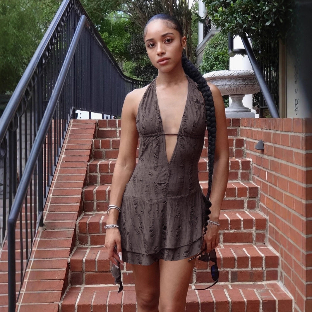 American Street Wasteland Style Sexy Neck Irregular Strap Halter Dress Spice Girl Deep V-Neck As Old Short Skirt