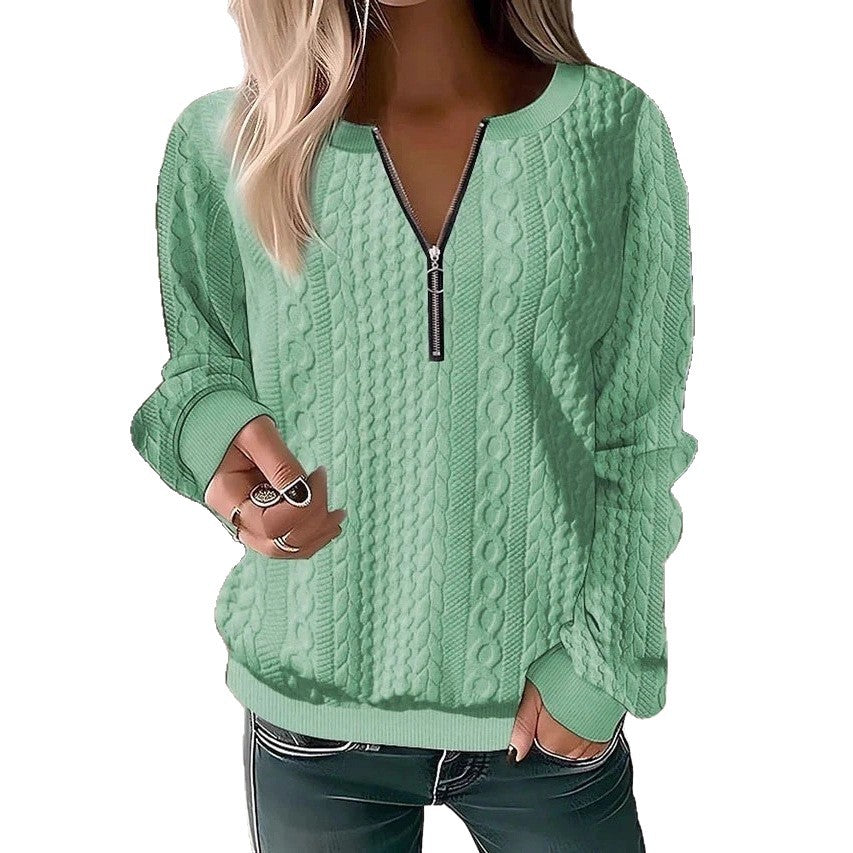 2025 European and American cross-border Amazon independent station autumn and winter new women's clothing long-sleeved solid color V-neck zipper T-shirt top