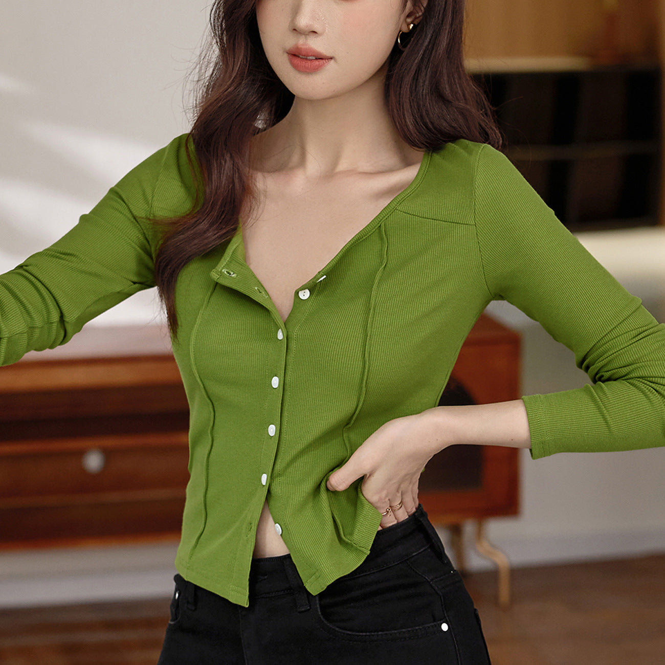 #Quality to make high-quality #shell button high-waisted short T-shirt Spice Girl Navel Sexy Long Sleeve Temperament Pure Cotton Top