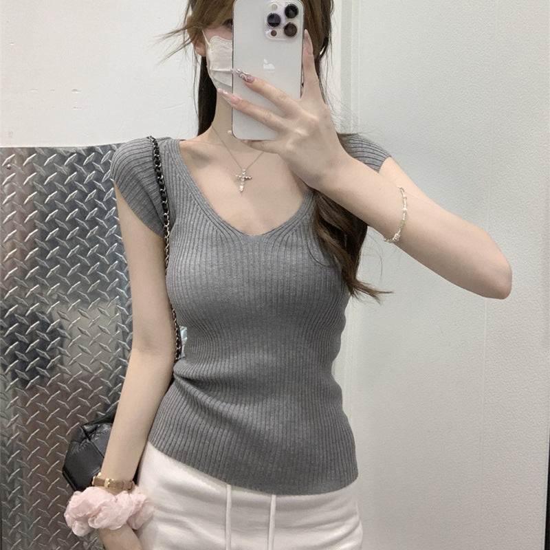 #Two wear V-neck #show chest big waist thin small spice girl flying sleeve ice silk short sleeve women's summer pit strip knitted T-shirt pure desire top