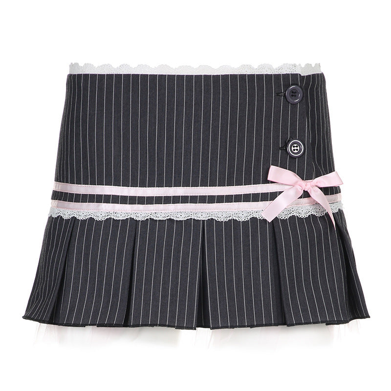 Love cloth forget French ballet style contrasting colors striped bow lace splicing skirt suit material pleated skirt