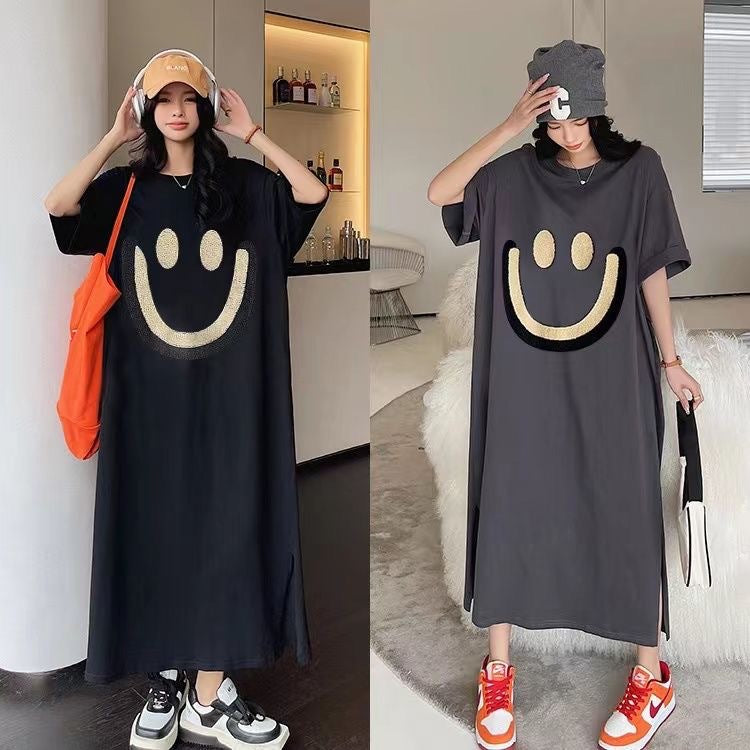 Korean version Dongdaemun summer round neck big smiley face print casual loose and versatile solid color short-sleeved casual dress