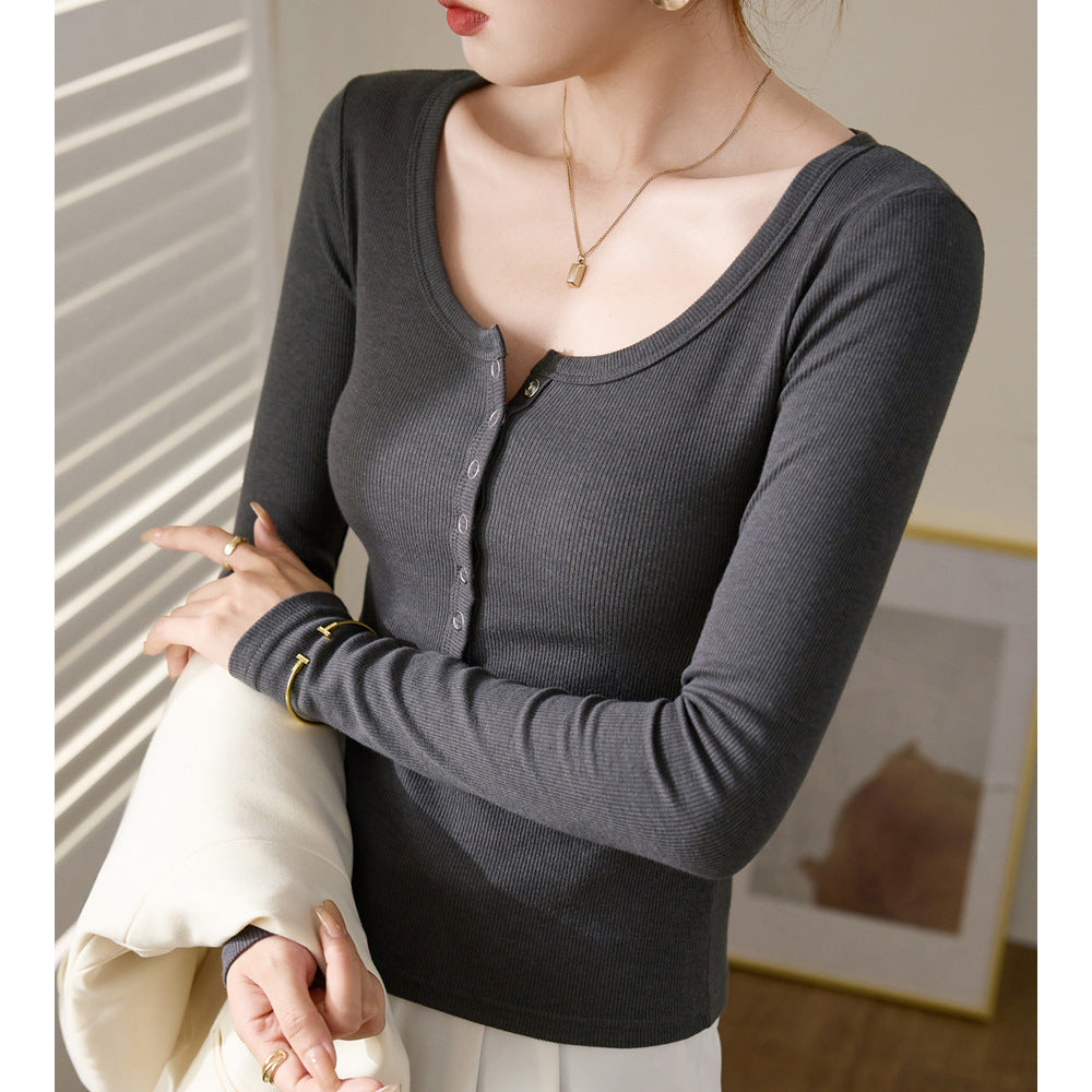 Button bottoming shirt women's autumn and winter 2026 new t-shirt outer wear thin inner long-sleeved T-shirt crew neck slim top