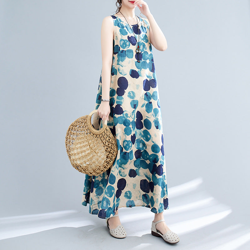 Real shot 2025 summer new literary loose printing crew neck sleeveless dress women's medium and long 8603 #