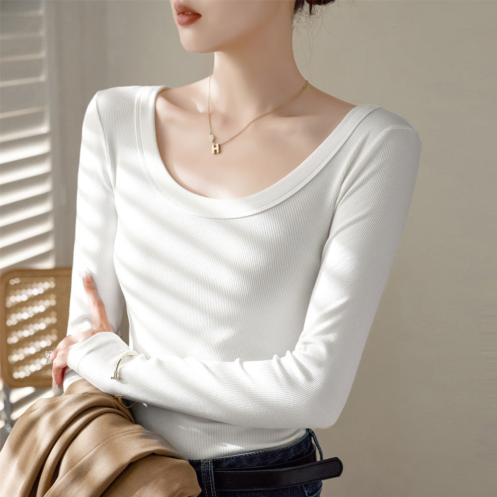 Fearless Goods Biyou cotton threaded u-neck long-sleeved T-shirt women's 2026 autumn and winter new slim-fitting and thin top bottoming shirt Korea