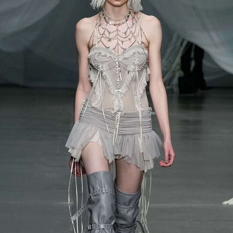 Love cloth forget fashion ballet style mesh split three-dimensional gradual change lace vest short skirt two-piece set Spice Girl suit