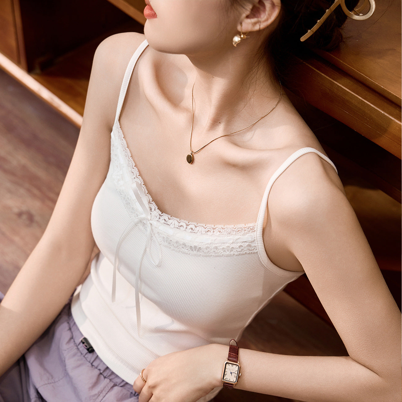 Select Threaded Cotton Lace Bow Strap Spice Girl Suspender Vest Women's Pure Beauty Back Inner Top