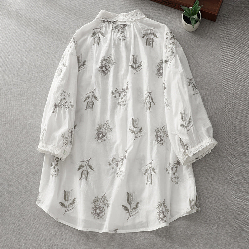 Summer 2024 New Cotton and Linen Literary Retro Loose Embroidery Small Fresh Shirt Top Women #1989