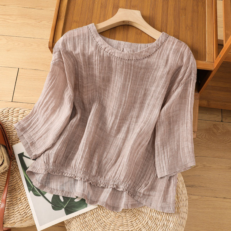 Real shot 2024 summer new cotton and linen literary and retro Chinese style loose short-sleeved top T-shirt women #6755