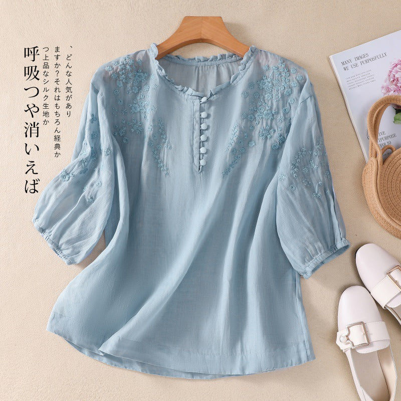 Real shot 2025 summer new literary loose embroidery flower V-neck five-quarter sleeve shirt blouse top #9041