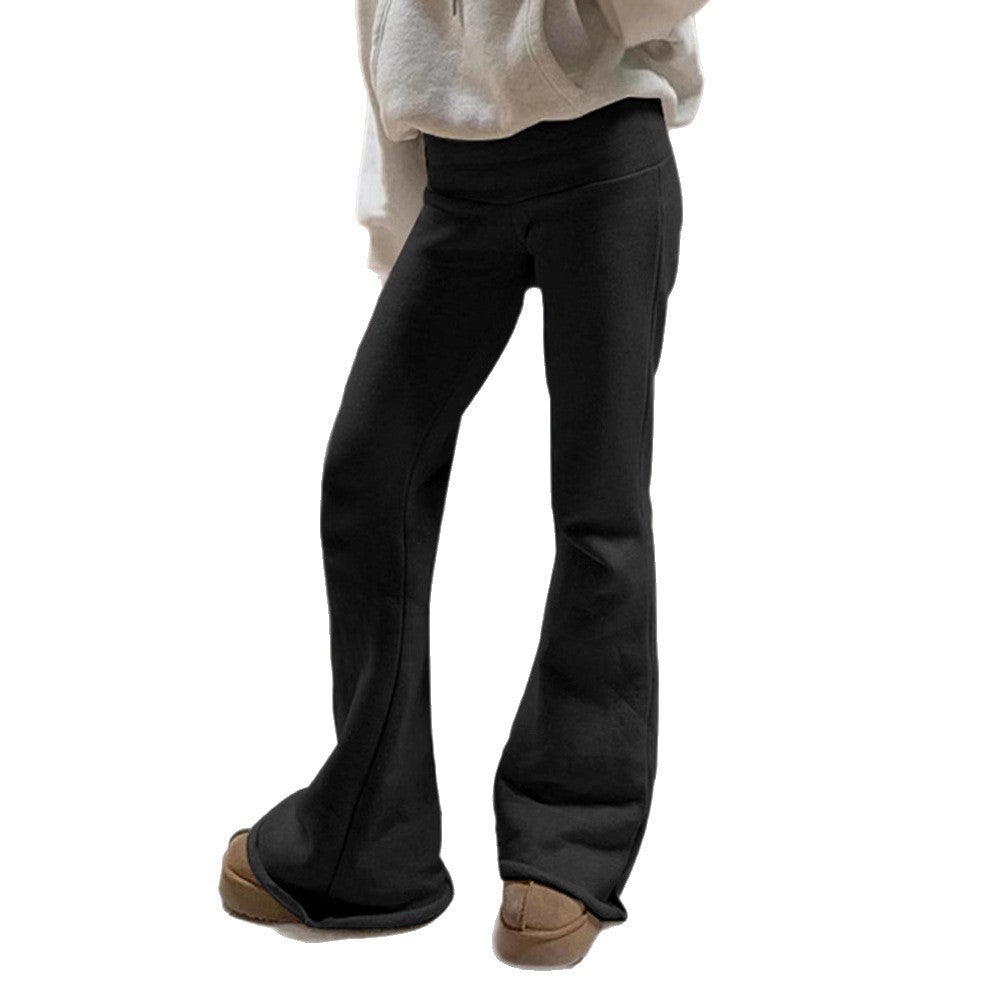 American street basic solid color high waist micro pull sports leggings turn waist wide waist thin casual sweater pants