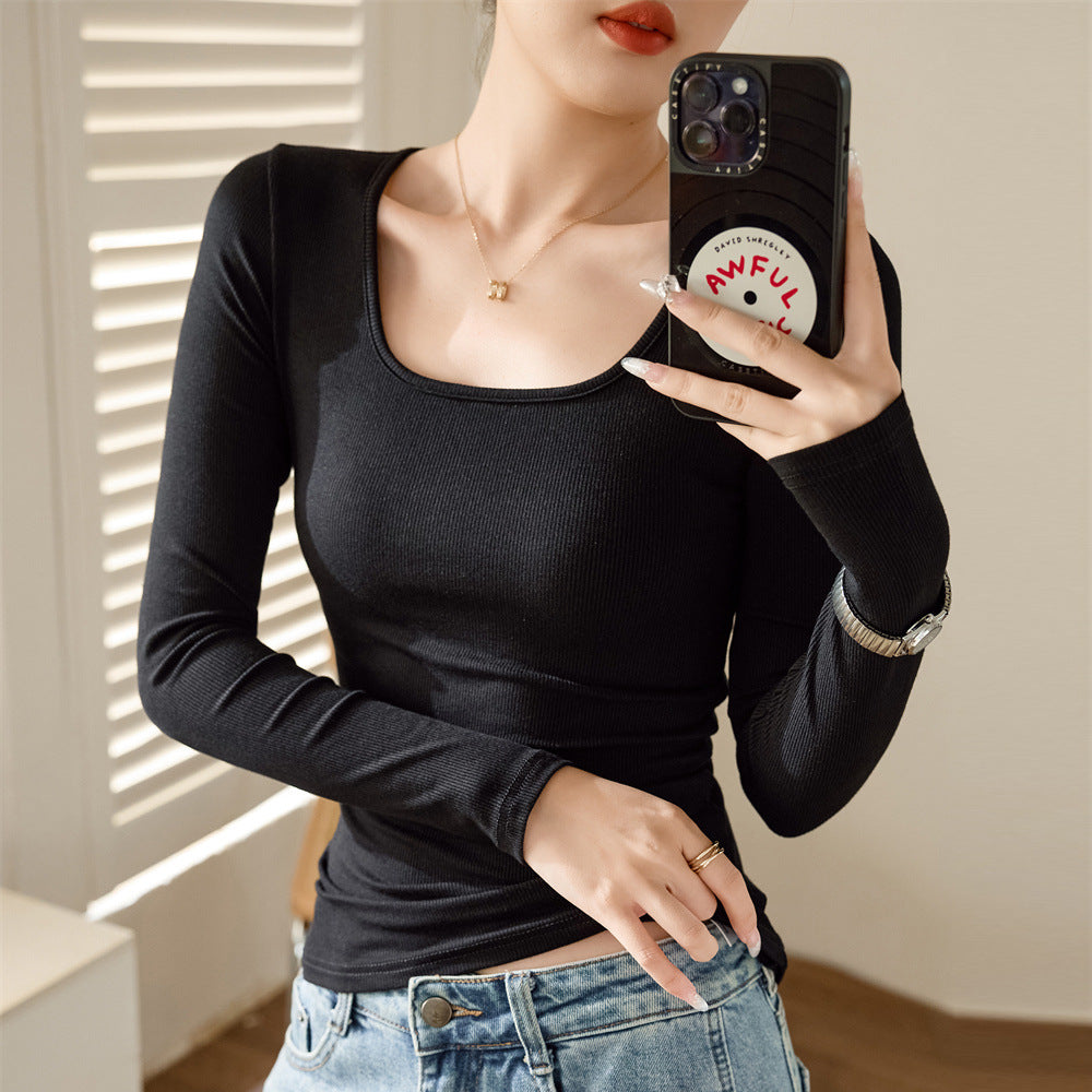 High elastic thin threaded cotton square neck T-shirt women's long sleeves 2026 autumn and winter new outer wear front shoulder tight bottoming shirt top