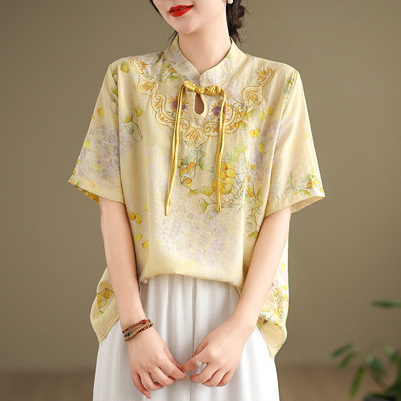 Real shot 2024 summer new national style literary and retro stand-up collar buckle tea clothes shirt top women