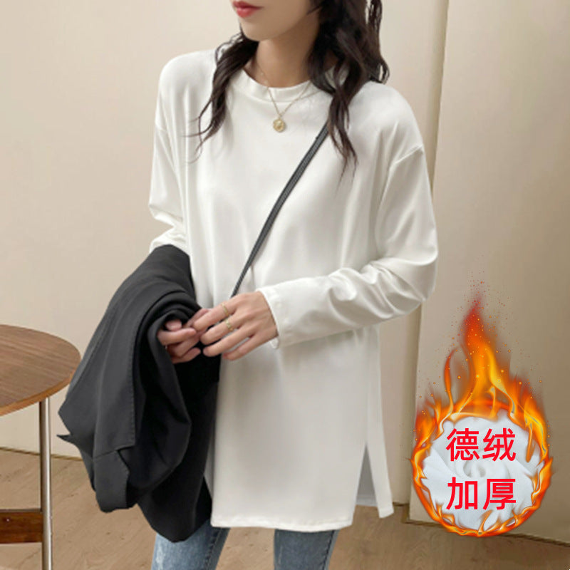 Split-ended white bottomed shirt for women's autumn and winter with fleece and thickened medium and long loose butt-covering German fleece long-sleeved T-shirt