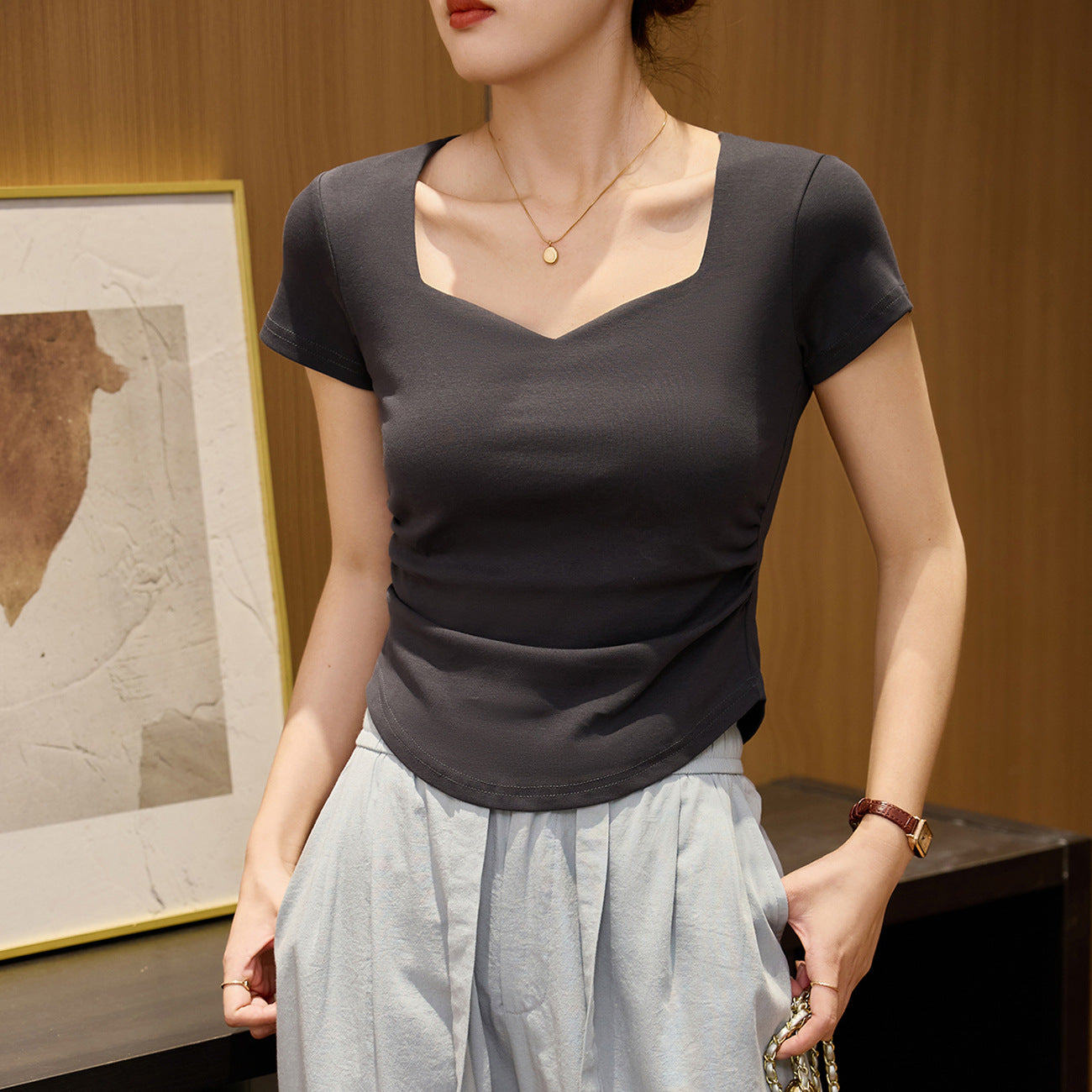 #Combed pure cotton #peach heart square neck short-sleeved T-shirt women's 2026 summer new pleated slim-fitting front shoulder top bottoming shirt