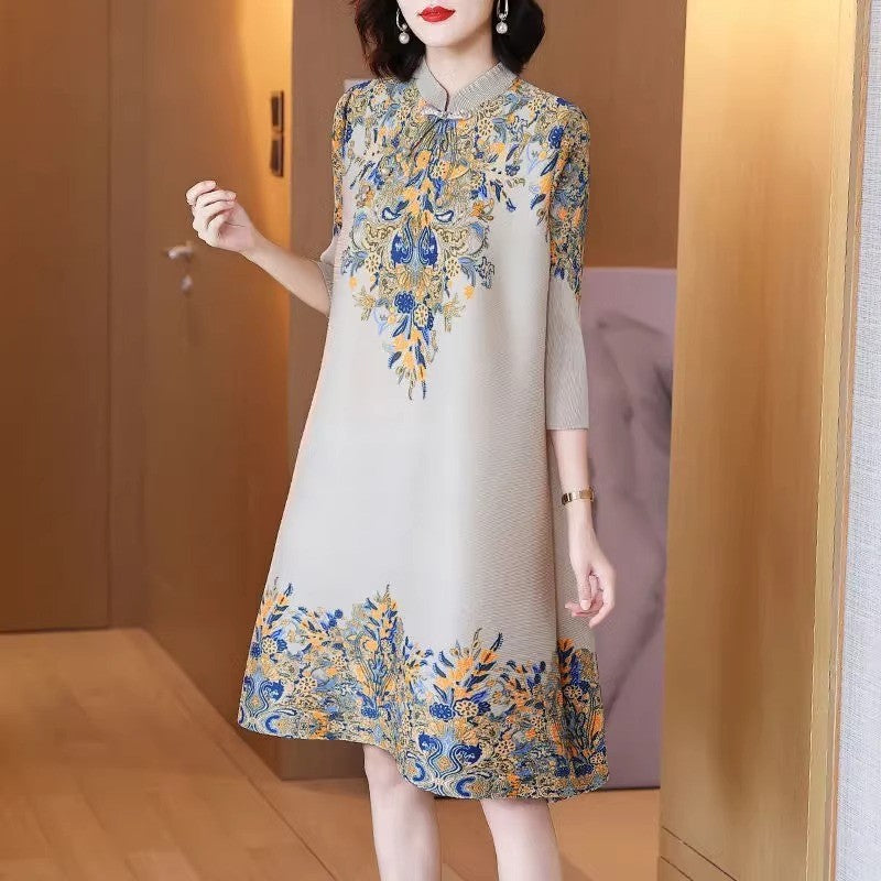 Korean version of foreign style mother loose large size stand-up collar improved cheongsam spring new retro elegant medium and long dress