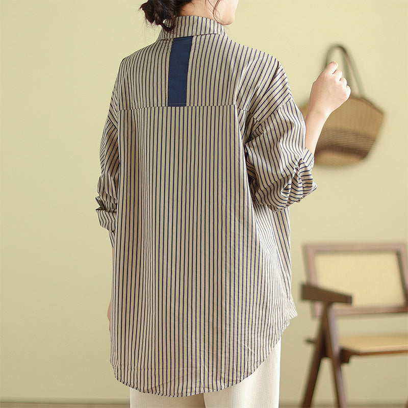 Real shot 2025 autumn new literary loose splicing contrasting color striped long-sleeved shirt women's casual shirt top