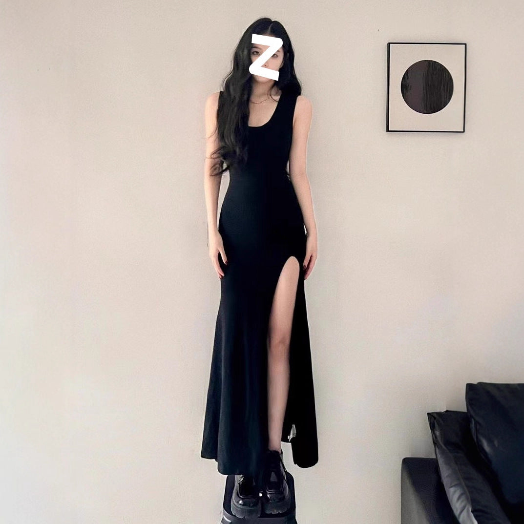 Black royal sister style sexy suspender dress women's new summer design slim slit hip length skirt