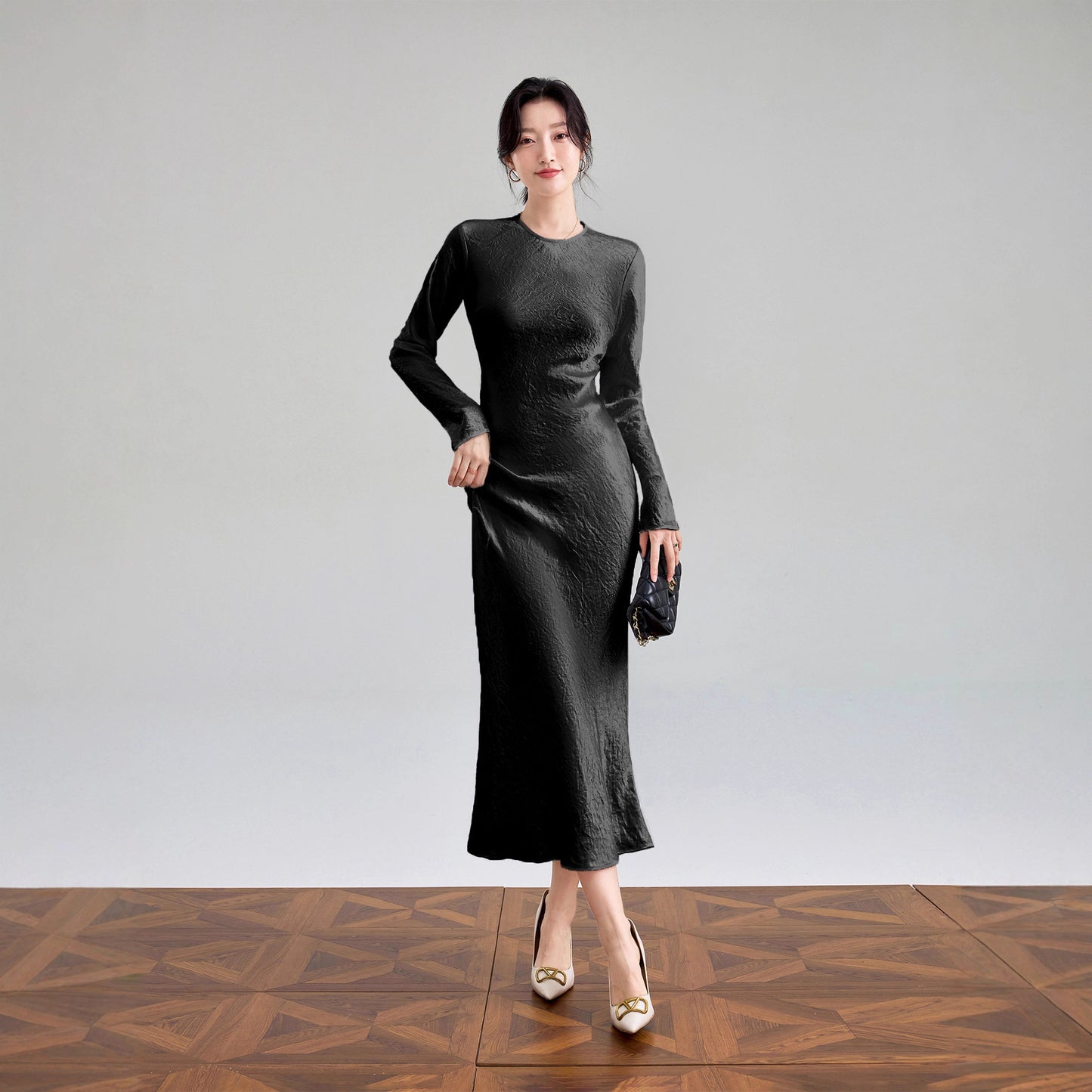 Haute couture 100% acetic acid, spring and autumn French elegance temperament fashionable pole extreme sense satin pleated long-sleeved dress women