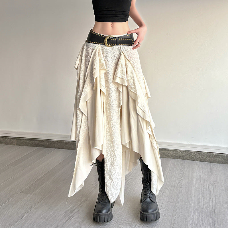 American retro design irregular wavy edge skirt Spice girl slim personality versatile double-layer stacked medium and long skirt