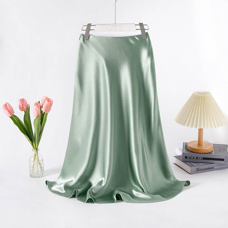 Fried Street Elastic Waist Acetic Acid Skirt High-end Silky 2025 Spring and Summer New Over-the-Knee Swing Skirt