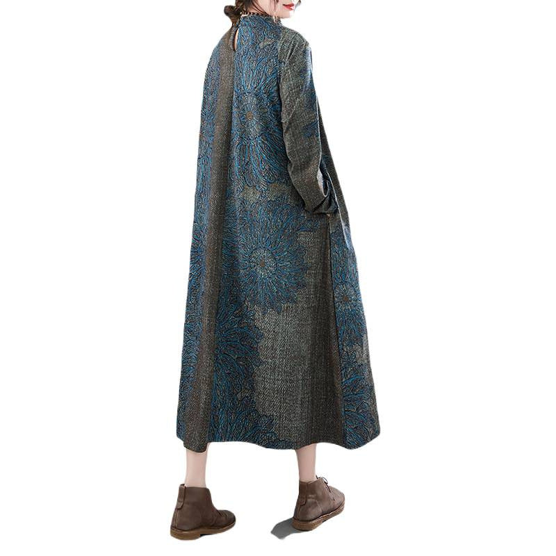 Real shot 2025 autumn new retro printing literary loose and thin bottom long-sleeved dress women's clothing