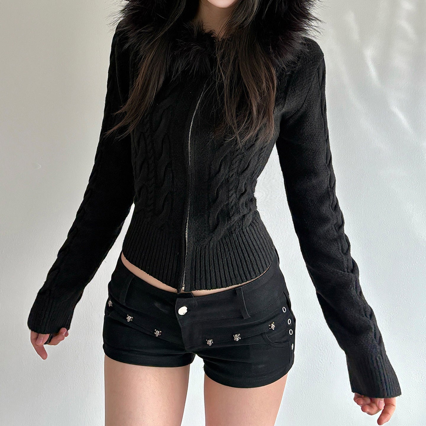 American retro fluffy hooded zipper cardigan twist sweater autumn and winter slim waist short Spice Girl new coat