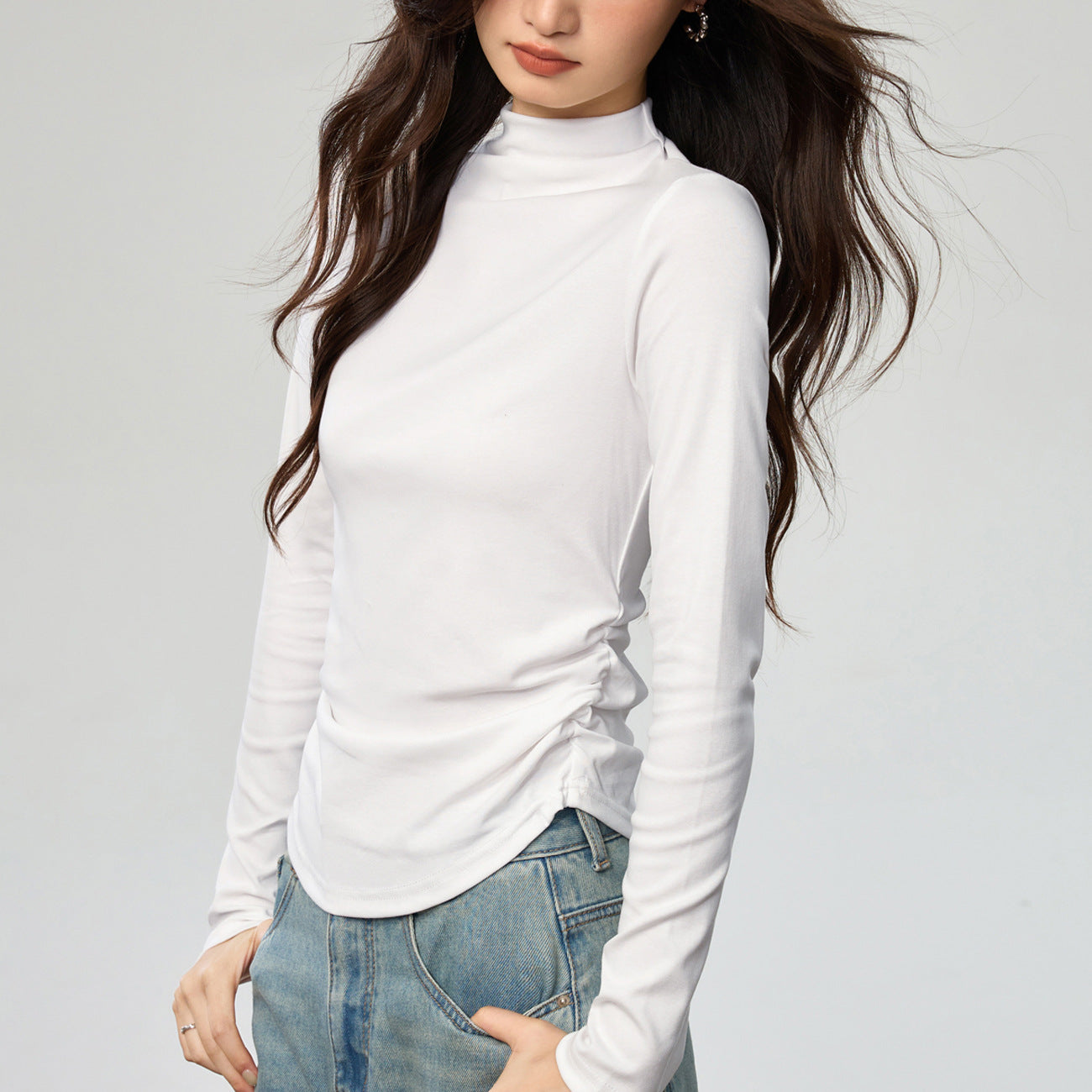 40 combed cotton, protein skin-friendly semi-turtleneck bottoming shirt, women's autumn long-sleeved T-shirt, thin waist pleated top