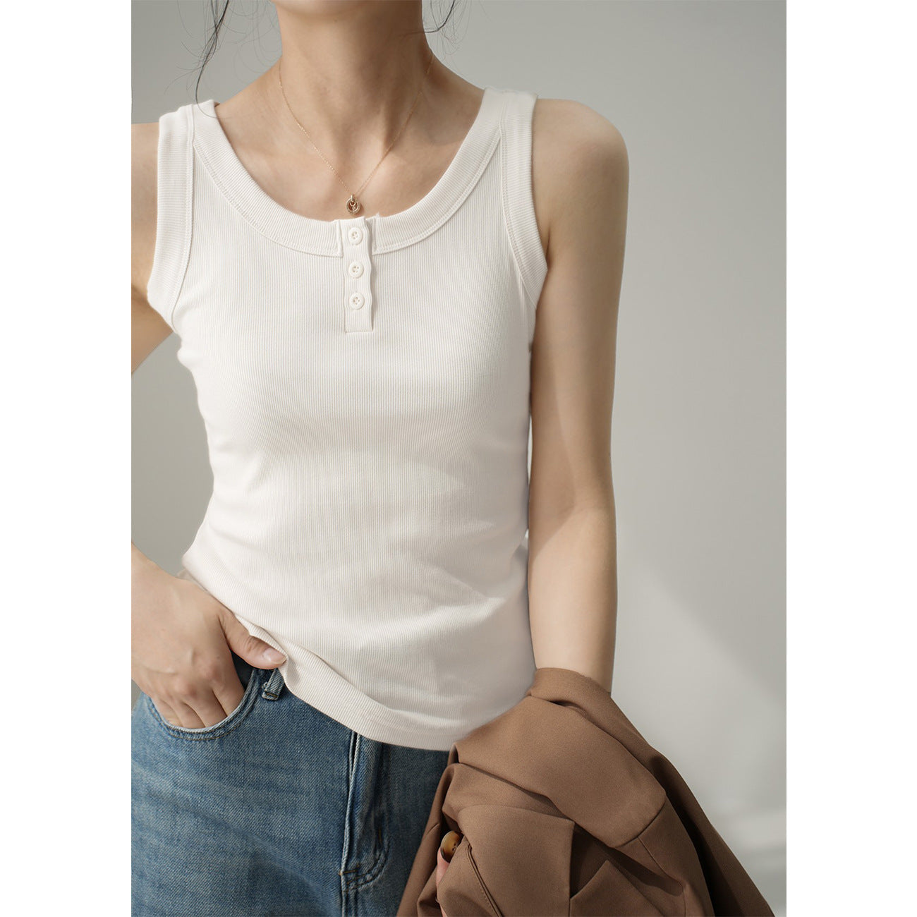 [High quality & no fear of goods ratio] Pure cotton vest women's cover breast anti-light inner and outer wear button sling