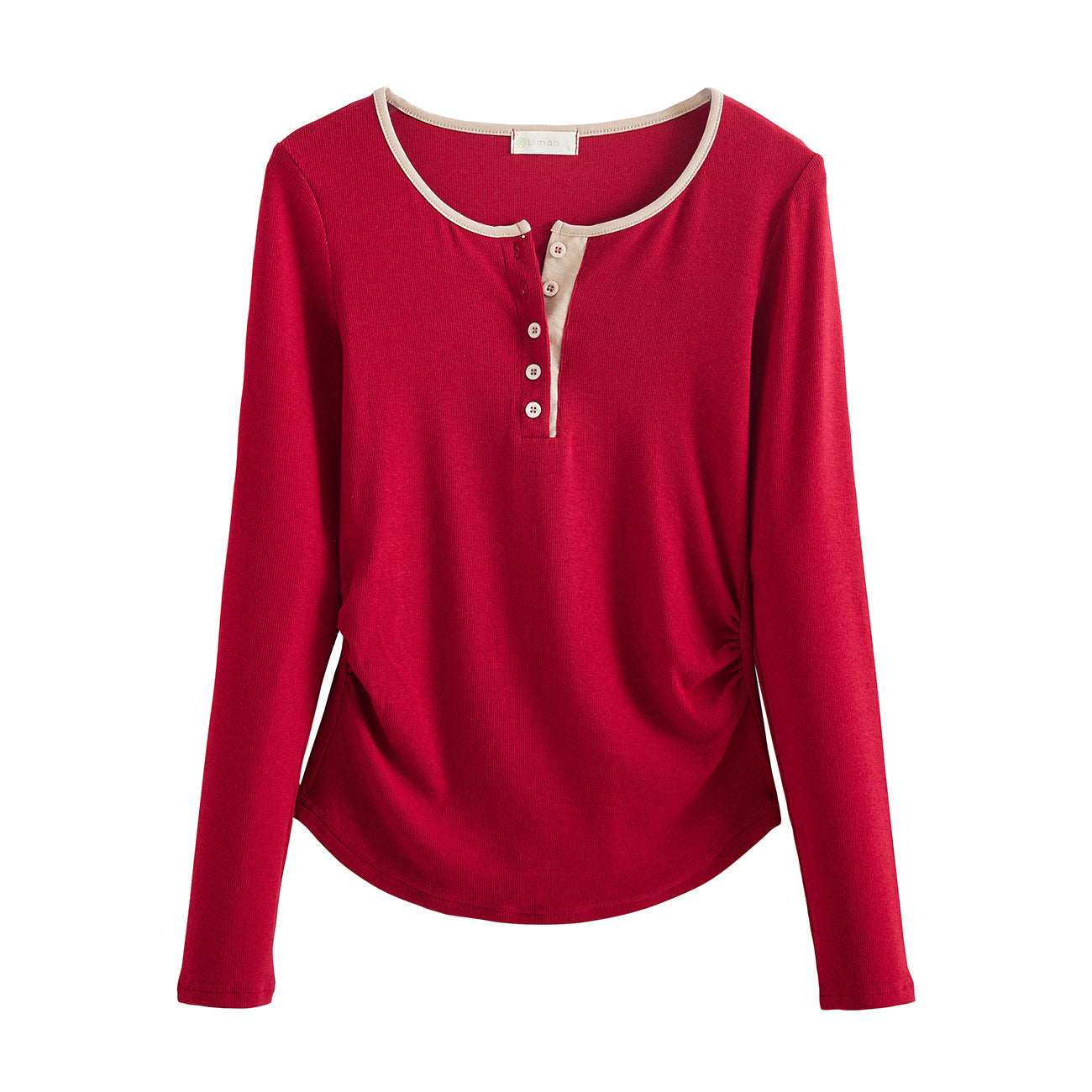 260G Youke silk, high-end design sense contrasting color round neck button-up long-sleeved T-shirt women's autumn new slim-fit pleated top