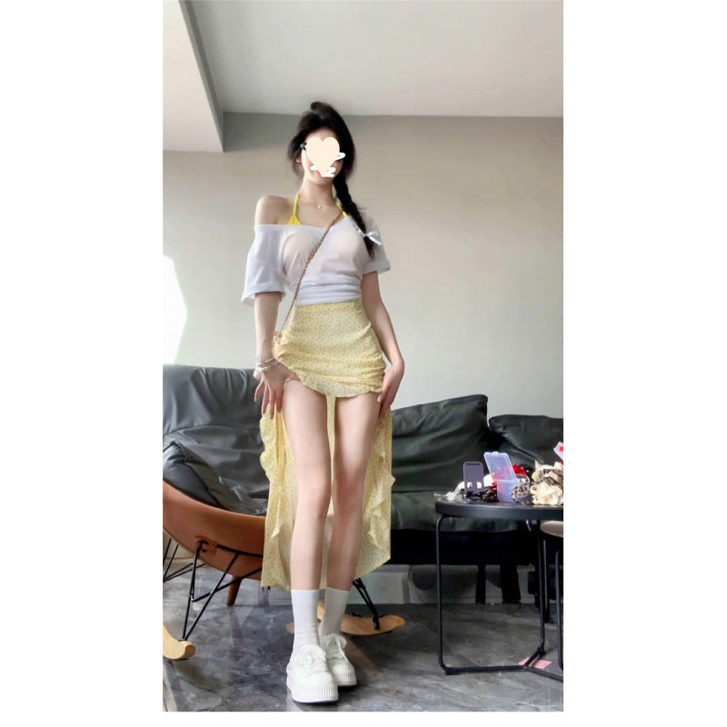 Yellow floral skirt children's summer 2025 new popular irregular temperament long skirt small seaside vacation