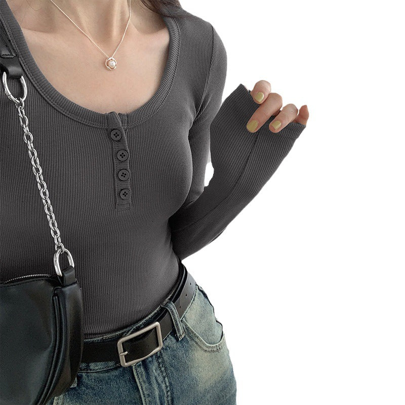 Selection of high elastic threaded button bottoming shirt 2026 autumn new front shoulder long sleeve T-shirt women's slim slim top