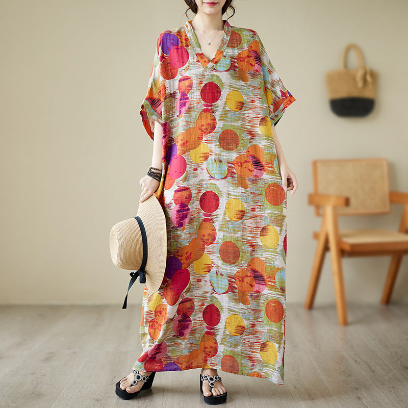 Real shot 2025 summer thin V-neck cotton and linen large size loose literary holiday wind beach dress long women