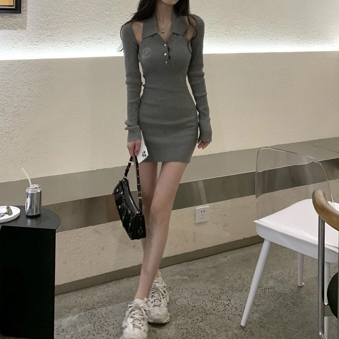 Two-piece off-the-shoulder skirt 2025 autumn new Polo collar dress slim and thin foreign neck skirt vest