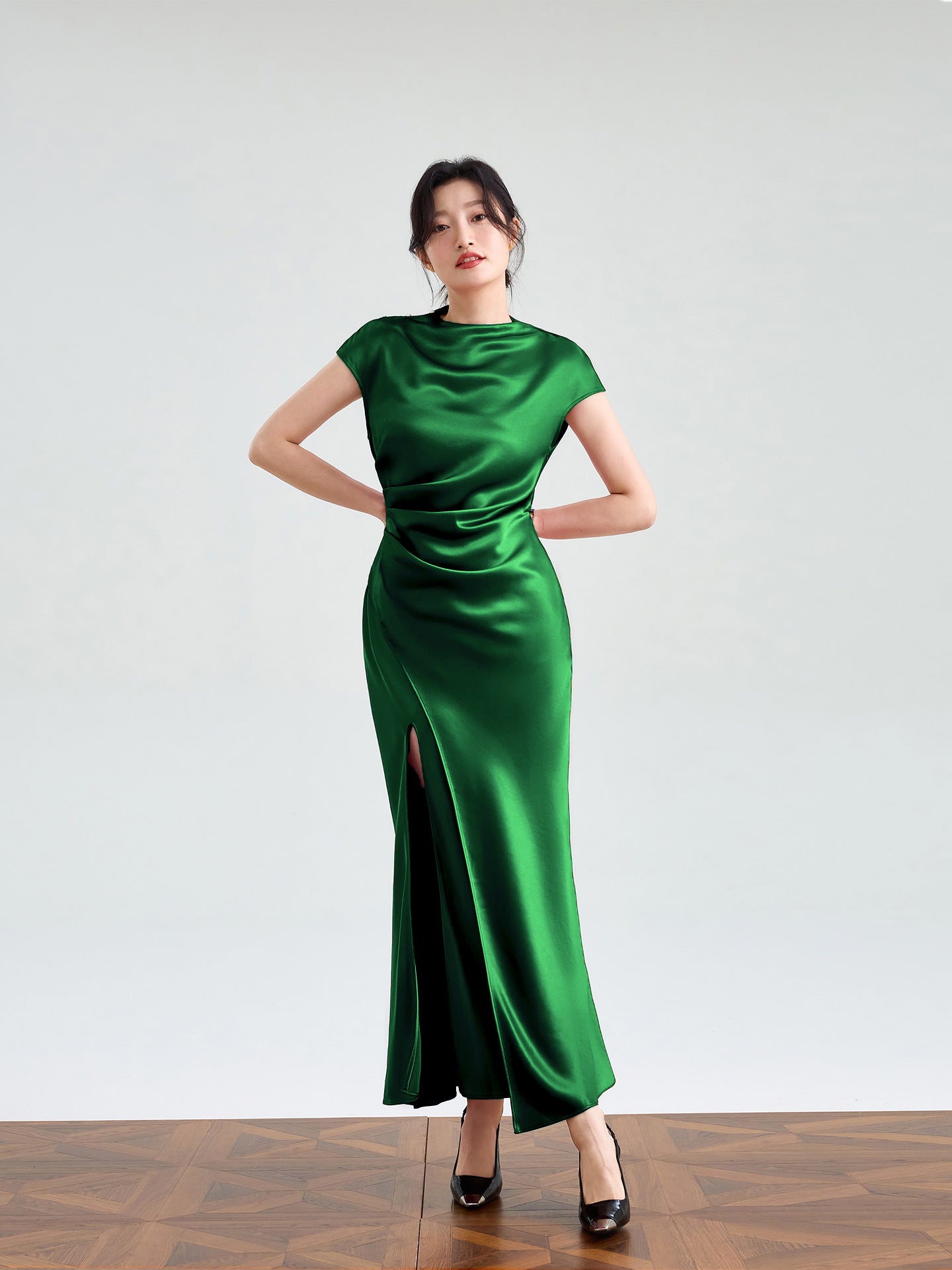 Haute couture imported acetic acid, pure desire style semi-turtleneck satin dress temperament thin split fork fish tail long dress French