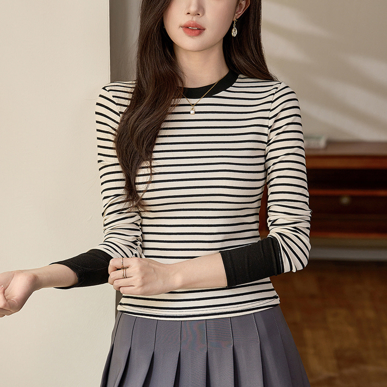 #Selection of pure cotton #High-end contrasting striped T-shirt women's long-sleeved 2026 autumn and winter new foreign-style shoulder bottoming shirt