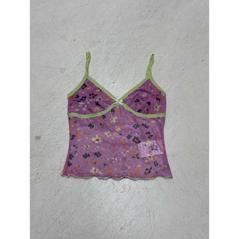 American vacation mesh flower print splicing contrasting color small vest Spice girl V-neck curled edge sexy suspender top