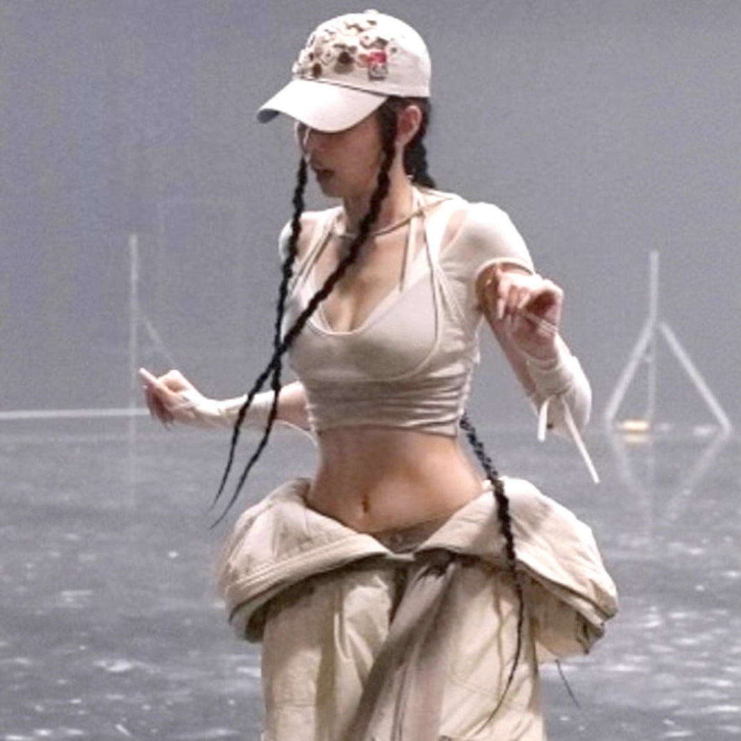 Structural hollowed-out fake two-piece long-sleeved T-shirt, star with the same design, Spice Girl style high-waisted short top