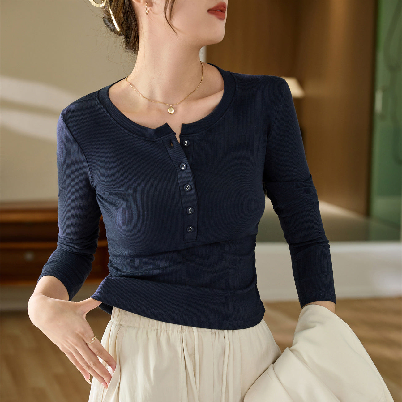 #Ingenuity screening product #Waist pleated Maillard chic cloth button-up long-sleeved T-shirt femininity pure cotton bottoming shirt