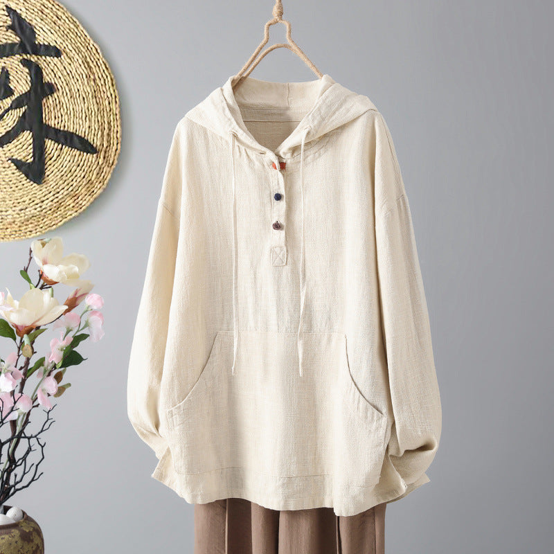 Real shot 2025 autumn new retro buckle new Chinese women's long-sleeved cotton and linen top hooded pullover sweater