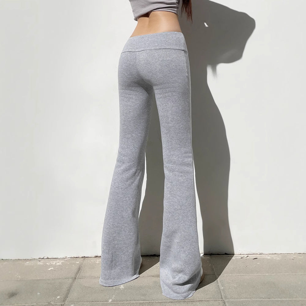 American street basic solid color high waist micro pull sports leggings turn waist wide waist thin casual sweater pants