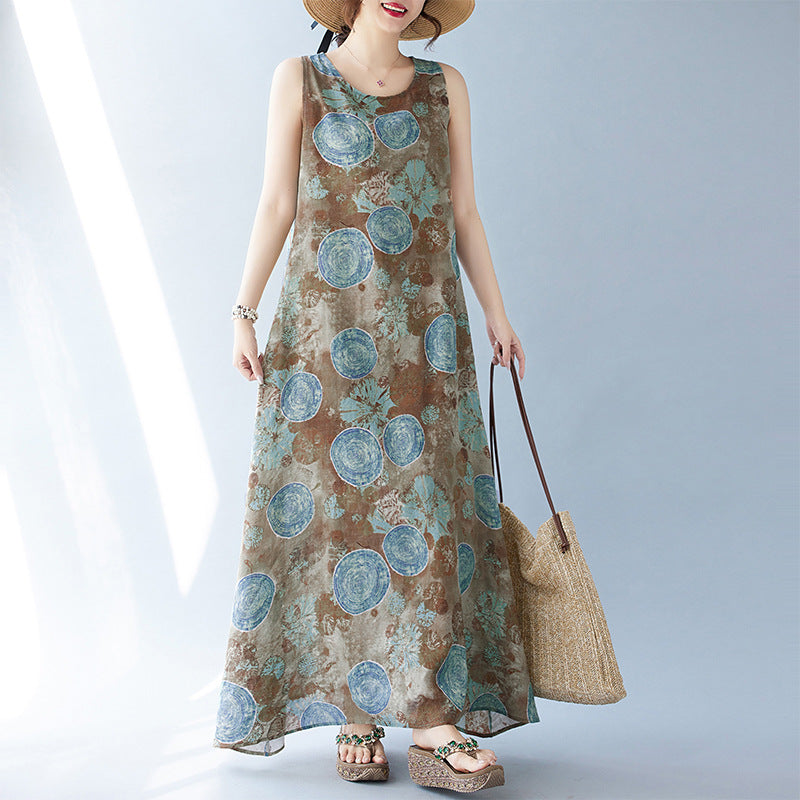 Real shot 2025 summer new bohemian literary loose round neck print sleeveless dress women's medium and long
