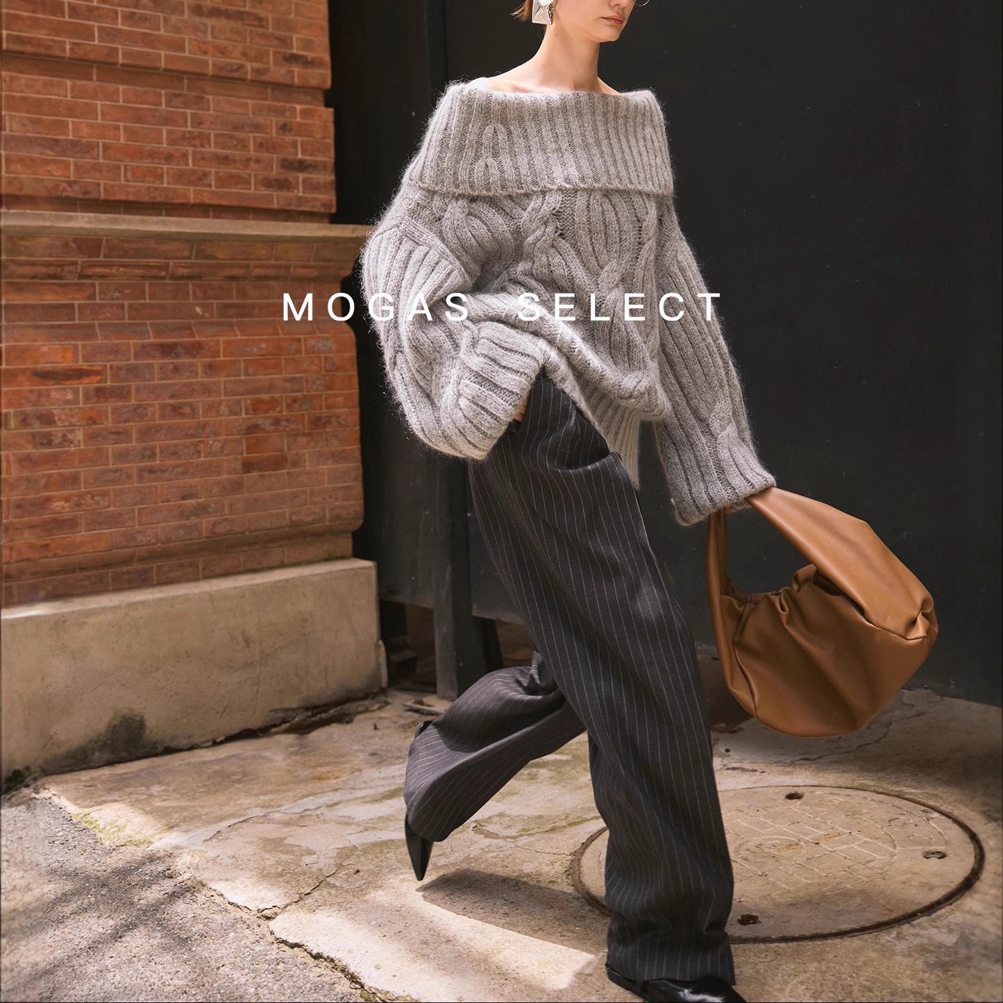 Mogas Heavy Cub Sea Wool Blended Lazy Lantern Sleeves One-Word Neck Twisted Pullover Sweater Women's Autumn and Winter