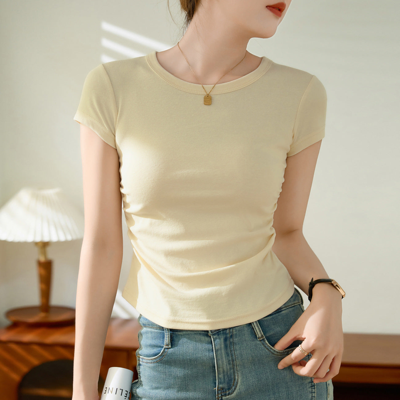 [Selection of cotton] Pleated waist pure cotton T-shirt women's summer short sleeves 2026 new waist short thin bottoming shirt