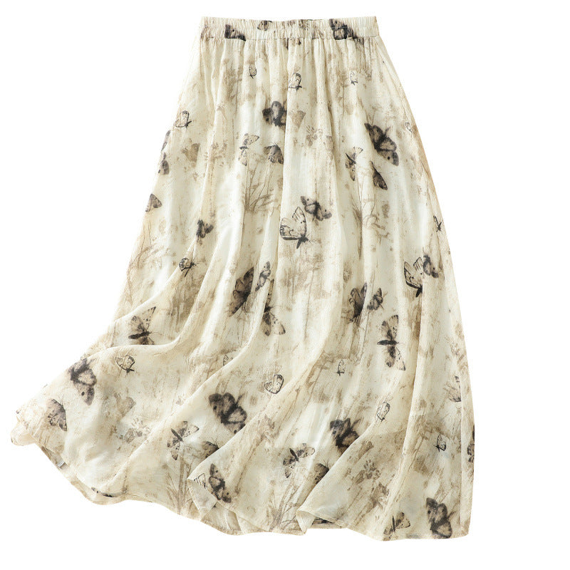 Real shot 2025 summer new new Chinese skirt women's ink printing lined a-word skirt women's clothing