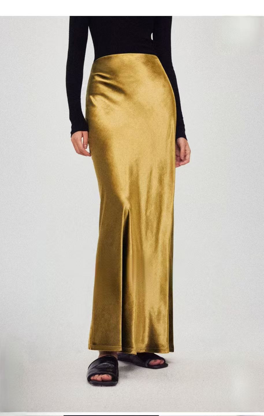 Velvet skirt women's autumn and winter high-end minimalist gloss H-shaped straight A-shaped retro long skirt skirt