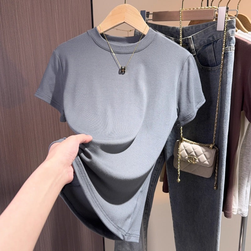Gray-blue short-sleeved T-shirt women's Korean version of versatile summer new small stand-up collar slim-fitting and thin versatile commuter top