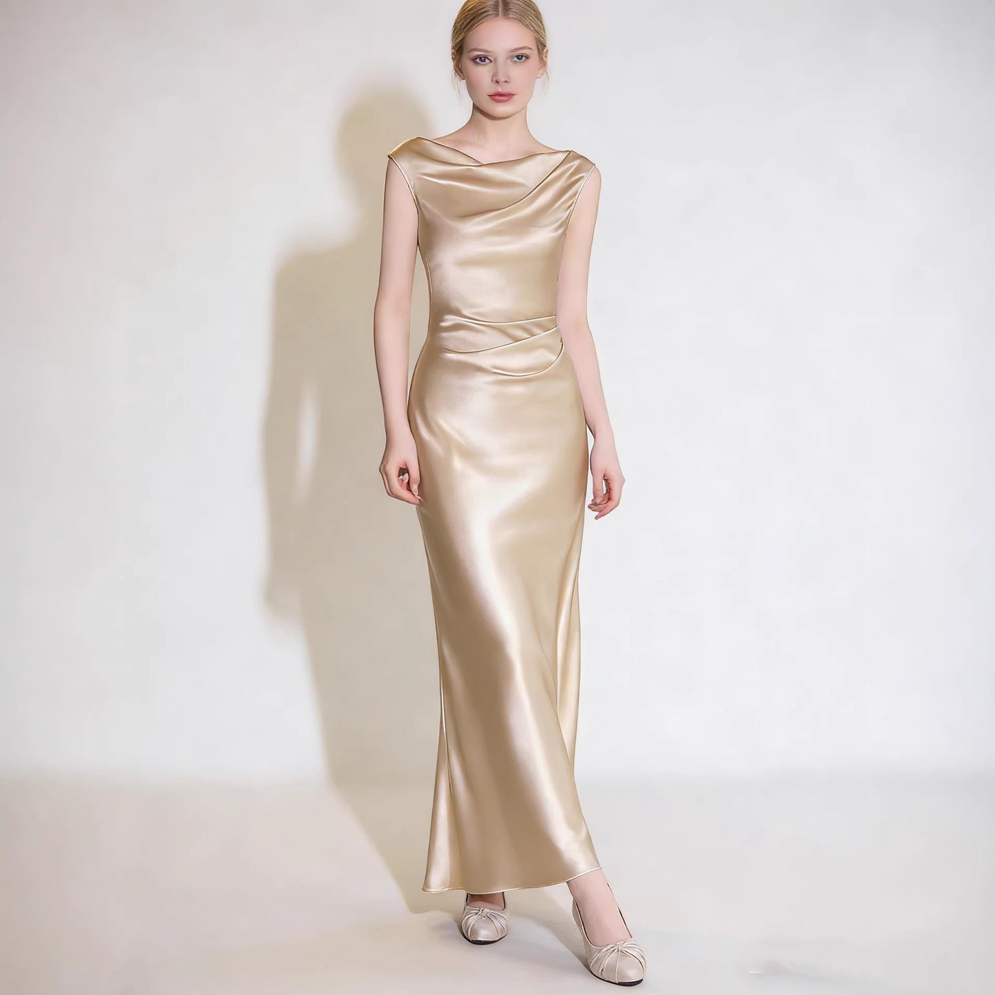 Haute couture French swing collar high sense design sense satin acetate seaside vacation wedding party dress dress women