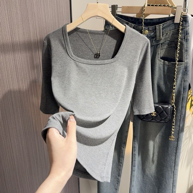 White square-neck T-shirt women's short-sleeved 2025 summer new sweet age-reducing high-end slim-fitting low-neck top